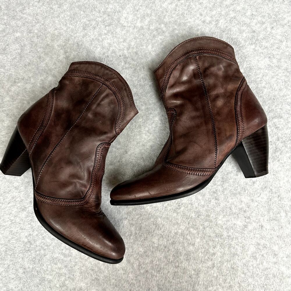 Sesto Meucci Italian Leather Ankle Boot Size 8 Western Bootie Brown Block Heel